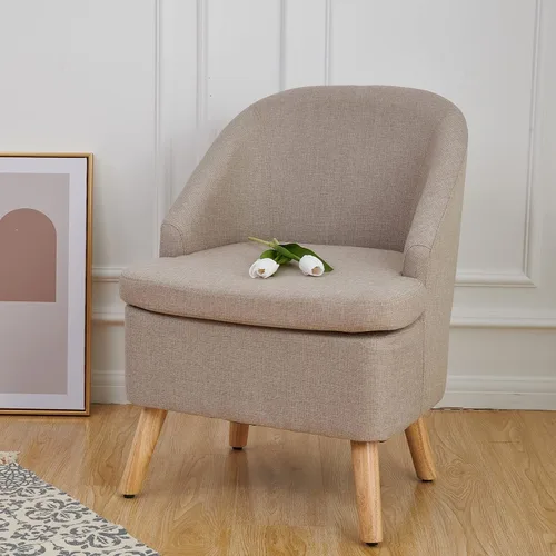 Vista 7 de Bonita silla tapizada color beige con estilo de barril, sofá individual redondo de tela similar al lino de algodón para patas de madera, sala
