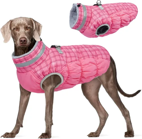Vista 56 de Abrigo para perro, chaqueta cálida de invierno, acolchada, de vellón, chaleco reflectante con arnés, chaqueta de nieve impermeable con cremallera, a