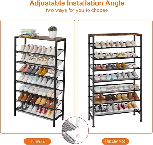 Vista 6 de Zapatero grande de 8 niveles, organizador de zapatos vertical de metal resistente, para armario, puerta delantera, entrada, hasta 28 pares, estante