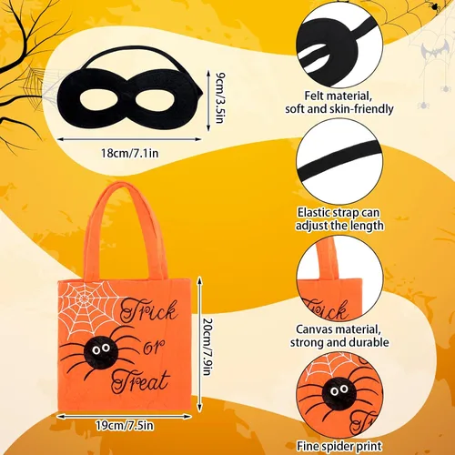 Vista 5 de Jeyiour Disfraz de araña para niños, traje de araña, para Halloween, bolsas de mano elásticas de fieltro negro, máscaras de ojos para niños, fiesta