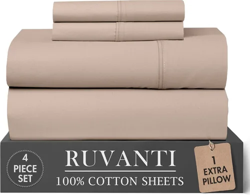 Vista 27 de RUVANTI Juego de sábanas de 4 piezas de algodón 100% natural de percal suave, ligero y transpirable, con bolsillos profundos de 16 pulgadas