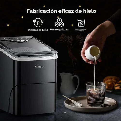 Vista 2 de Silonn - Máquina para hacer hielo con encimera, 9 cubos listos en 6 minutos, 26 libras en 24 horas, máquina de hielo autolimpiante con cuchara