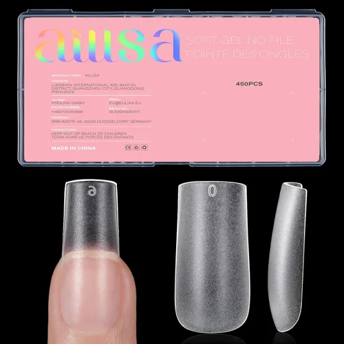 Vista 16 de AILLSA - Puntas de uñas de ataúd extra cortas de cobertura completa, puntas de uñas transparentes de gel acrílico 450 puntas de uñas postizas