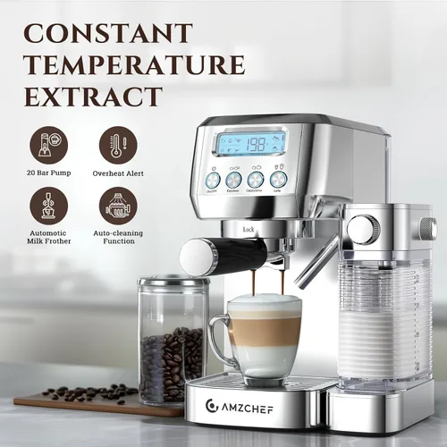 Vista 2 de AMZCHEF Máquina de café expreso, espumador automático de leche, presión de Plateado
