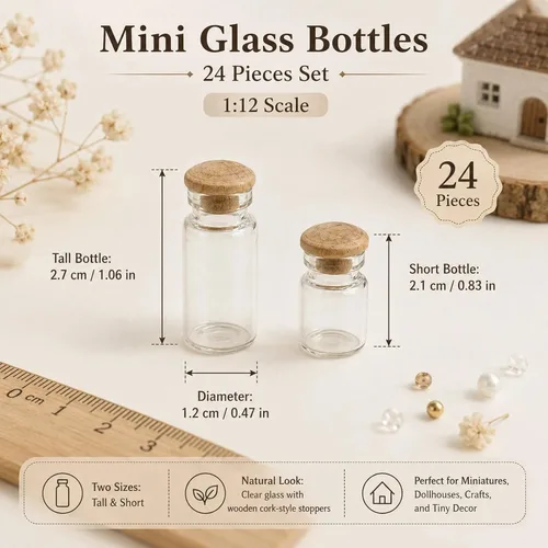 Vista 2 de LOGOFUN Botella de cristal miniatura de casa de muñecas con corcho de 24 piezas