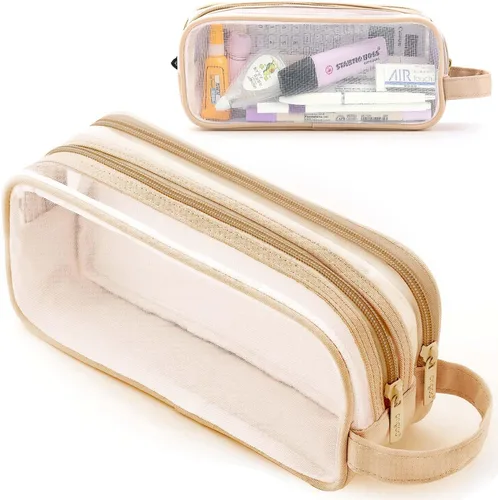 Vista 9 de Estuche grande de malla de malla con 2 compartimentos, bolsa transparente para lápices con cremallera, bolsa de papelería transparente multifunción
