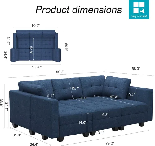 Vista 2 de Belffin Sofá Seccional Modular con Almacenamiento Sofá Cama Seccional Modular para Sala de Estar Azul