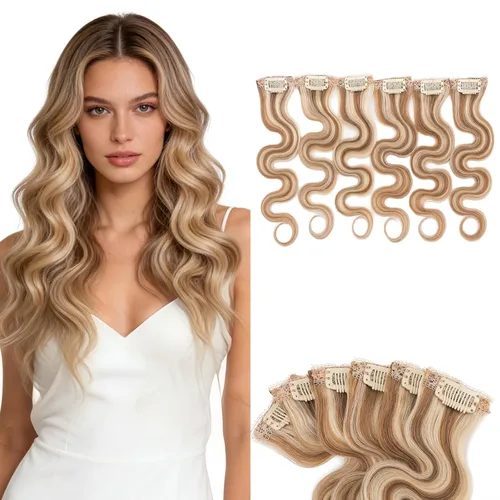 Vista 18 de 6 extensiones de cabello real con 6 clips, cabello ondulado de 10 pulgadas, color marrón oscuro