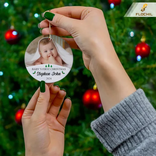 Vista 3 de FLOCHIL Adorno personalizado para la primera Navidad del bebé con nombre de foto, adorno personalizado para la primera Navidad, regalos para bebés