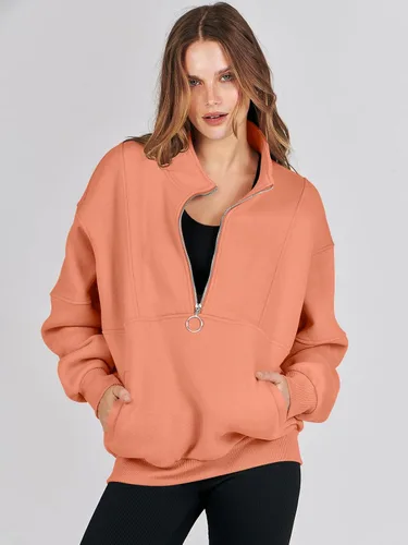 Vista 6 de ANRABESS Sudaderas de forro polar con media cremallera para mujer, de gran tamaño, con cremallera de un cuarto, ropa de moda para otoño de 2024
