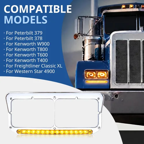 Vista 2 de High Soar 2x Bisel de Faro con Luz LED de 12" Cromada Lado del Conductor y Pasajero LH y RH Repuesto para Luz 4x6 para Camiones Kenworth T400 T600