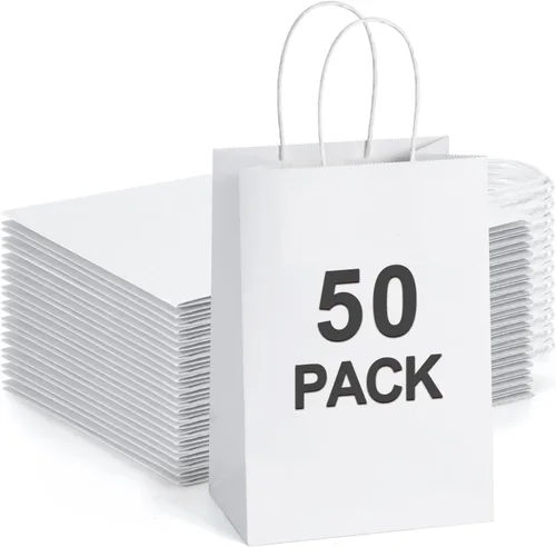 Vista 8 de BagDream Bolsas de regalo pequeñas con asas, 50 bolsas de papel kraft de 5.25 x 3 x 8 pulgadas, a granel para recuerdos de fiesta, venta al por Negro