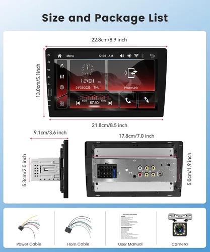 Vista 2 de Estéreo inalámbrico de un solo DIN con CarPlay y Android Auto, pantalla táctil IPS de 23 cm, radio Bluetooth AM/FM de Upriding con cámara