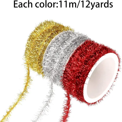 Vista 2 de Eboot Guirnalda de oropel de Navidad de 36 yardas, color dorado, plateado y rojo, cinta fina de oropel con purpurina, mini guirnalda de alambre