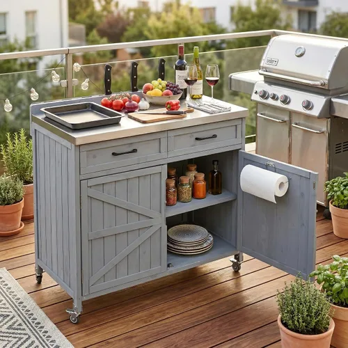 Vista 16 de JIVOIT Isla de cocina al aire libre de 78.3 pulgadas con mesa plegable, carrito de madera para exteriores con almacenamiento de basura y parte