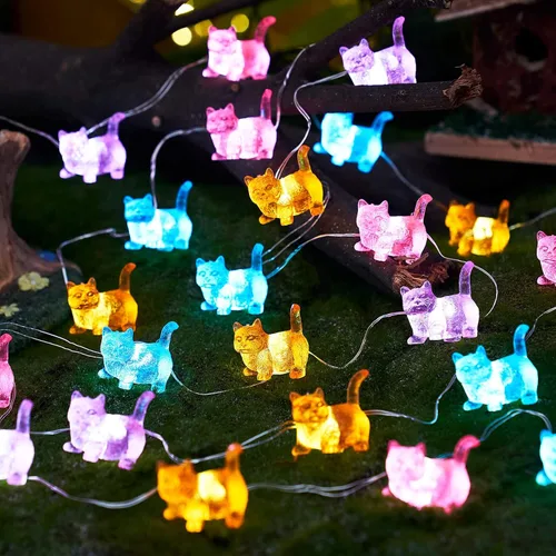 Vista 3 de Cadena de luces de gatos Kawaii Deco Kitty Fairy Luces decorativas de 10 pies 30LED, alimentadas por batería, iluminación novedosa para exteriores