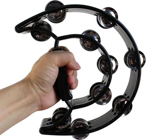 Vista 6 de YMC Pandereta de doble fila TAM20-BLACK - Jingles de metal, mango ergonómico de percusión de mano