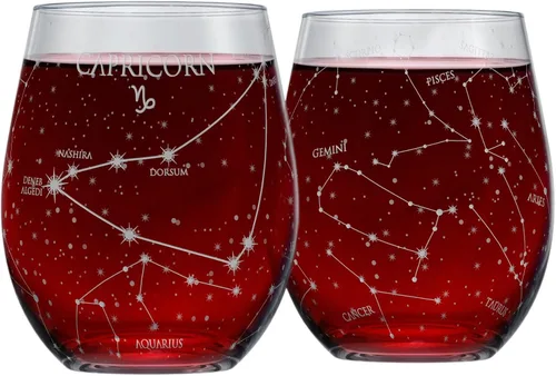 Vista 7 de Greenline Goods Juego de copas de vino sin tallo de cáncer del zodiaco grabado a mano, 15 onzas (juego de 2) - Cristalería con signo de astrología