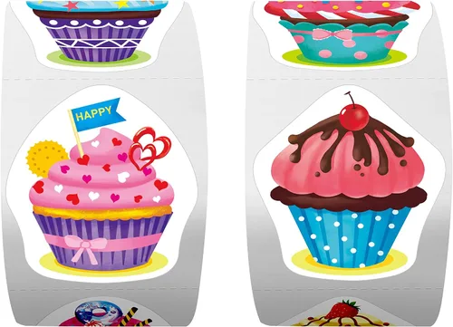 Vista 5 de 600 piezas de pegatinas de decoración de fiesta de cupcakes para maestros, recompensas, estímulo y motivación, paquete mega de 16 diseños con línea