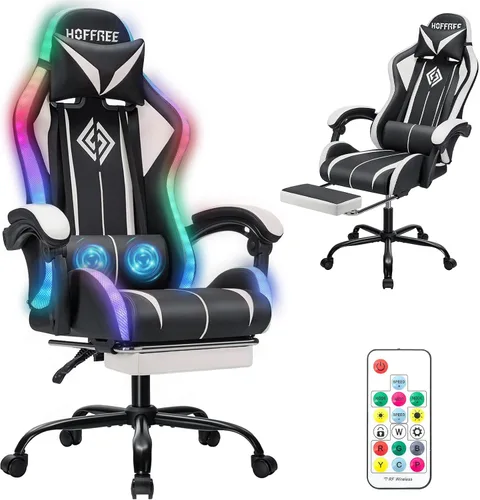 Vista 11 de HOFFREE LED Gaming Chair with Massage RGB Lights Computer Game Chair-Red Rojo + negro