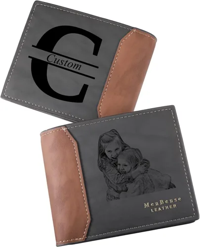 Vista 8 de INBLUE Billetera plegable grabada personalizada, cartera de cuero personalizada con foto y texto grabado, regalos para hombres, marido, papá, hijo