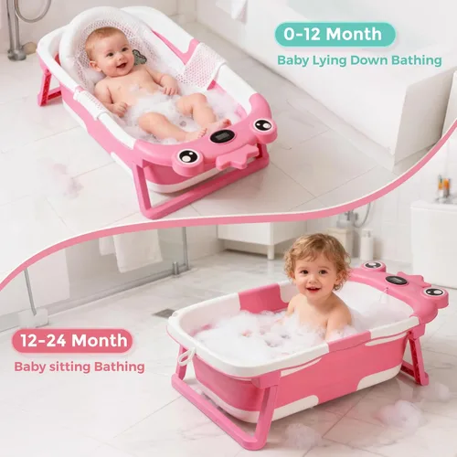 Vista 2 de Bañera para bebé, bañera plegable para bebé con cojín suave y termómetro, que ahorra espacio, plegable y de viaje, bañera para recién nacidos hasta
