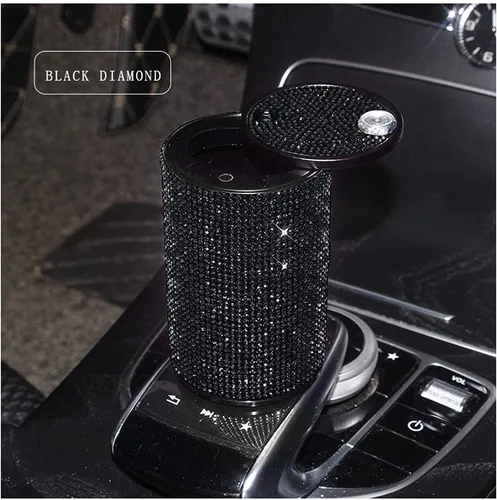 Vista 4 de Cenicero portátil con tapa, a prueba de olores, cenicero de automóvil de diamantes de cristal para mujeres, mini bote de basura ideal para Negro