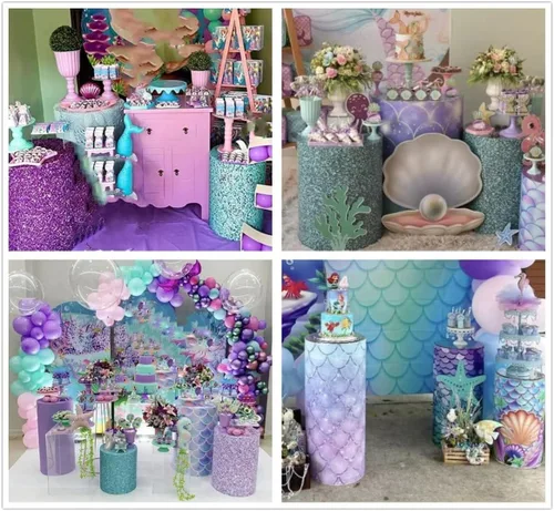 Vista 2 de Fundas cilíndricas con purpurina azul marino para fiestas, cubierta de pedestal, sirena subacuática, regalos de fiesta de cumpleaños, baby shower