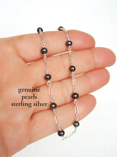 Vista 3 de Genuine Black Pearl Sterling Silver Anklet: handmade, dainty, adjustable length 9-10 inches
