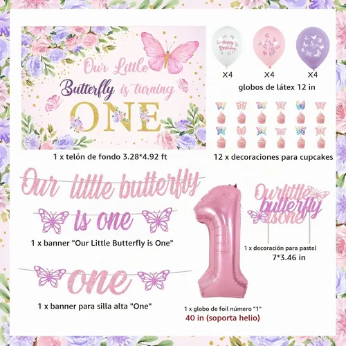 Vista 6 de Decoraciones de mariposa para el primer cumpleaños para niñas, rosa y morado con texto en inglés "Our Little Butterfly is Turning One, telón