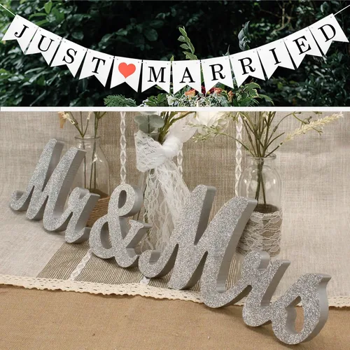 Vista 8 de Letras de madera y pancarta para boda - Just Married & Mr. & Ms. Decoración - Oro champán