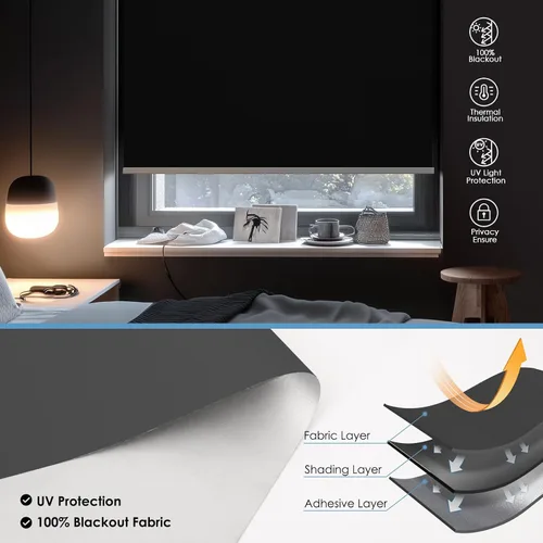 Vista 2 de Persianas enrollables opacas motorizadas inteligentes con control remoto y panel solar, persianas eléctricas inalámbricas, USB-C recargable, Negro