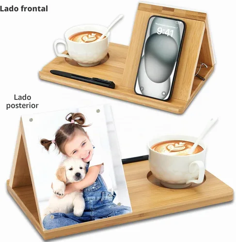 Vista 2 de Soporte para Libros de Bambú, Soporte Triangular para Libros con Marco de Imagen Acrílico, Descanso para Libros con Portavasos, Soporte para Tableta