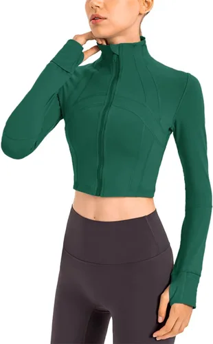 Vista 2 de KTILG Chaquetas cortas de manga larga para mujer, con cremallera, ligeras, atléticas, yoga, correr, con agujeros para el pulgar