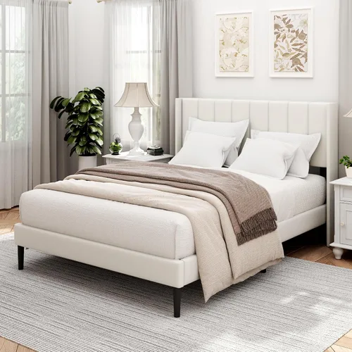Vista 9 de Sismplly Armazón de cama tamaño completo con cabecero, respaldo acolchado con canales verticales tipo ala, no necesita somier, base de colchón