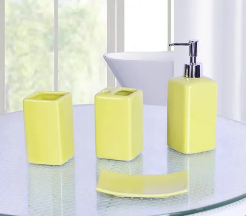 Vista 3 de Juego de accesorios para encimera de baño de 4 piezas de cerámica maciza (beige)
