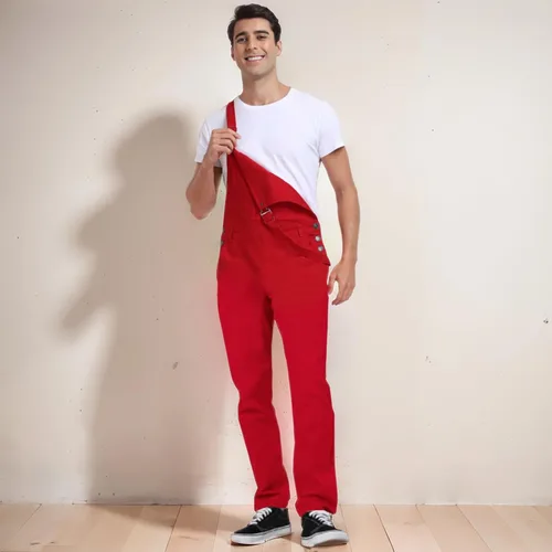 Vista 9 de Overol de mezclilla para hombre, ajustado, elástico, a la moda, con bolsillos