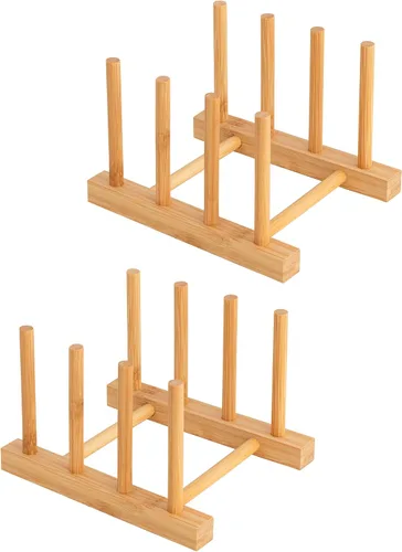 Vista 22 de HBlife - Escurreplatos de madera de acacia con organizador de tapa de olla y plato para gabinete, soporte de tabla de cortar, esculpidor