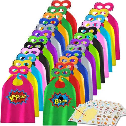 Vista 2 de ADJOY Capas y máscaras de superhéroe 24 juegos para niños con calcomanías de superhéroe capas de fiesta de cumpleaños temáticas de superhéroes