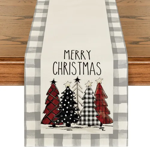 Vista 9 de Artoid Mode Acuarela a Cuadros Buffalo Árboles de Navidad Feliz Navidad Camino de Mesa, Decoración de Mesa de Cocina y Comedor de Temporada