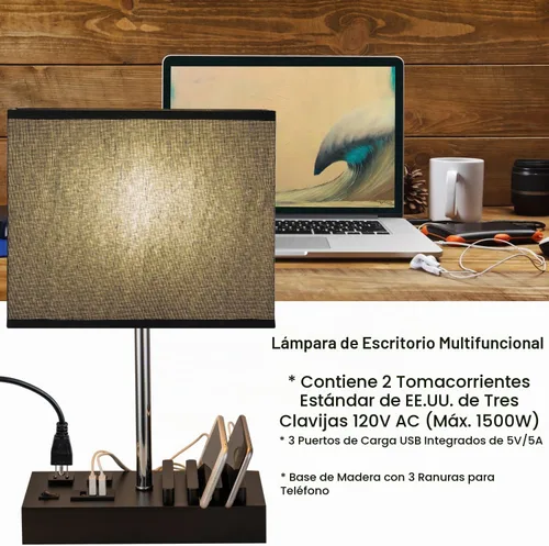 Vista 6 de Lámpara de mesa USB, lámpara multifuncional de mesita de noche con 2 salidas de CA, 3 puertos de carga USB y organizador de soporte de teléfono