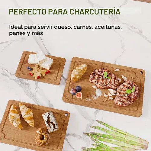 Vista 8 de Tablas de cortar de bambú para cocina, juego de tablas de cortar de madera con ranuras para jugo y asas integradas, tablas de cortar grande, mediana