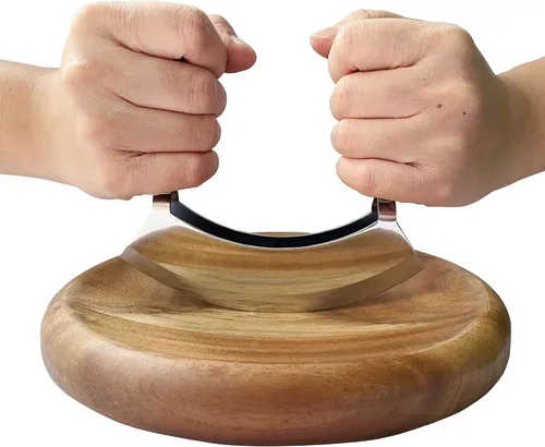 Vista 3 de Mezzaluna - Cuchillo y tabla de cortar redonda, cuchillo de corte de doble hoja de acero inoxidable, cortador de pizza con tabla de cortar