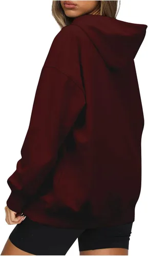 Vista 4 de Sudadera casual con capucha para mujer, manga larga, ligera, lisa, holgada, para otoño e invierno, con bolsillo