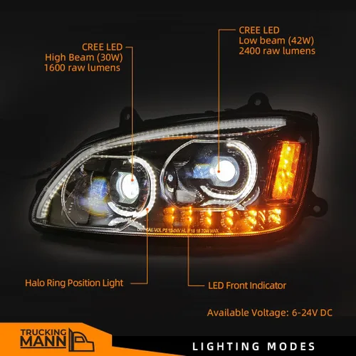 Vista 2 de Conjunto de par de faros delanteros LED completos Blackout para camiones semi Kenworth T660 170 T270 T370 T660 T700 2008-2019 DRL Halo Secuencial