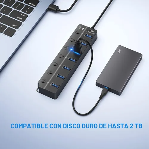 Vista 4 de ONFINIO Hub USB 3.0, divisor de concentrador USB de 7 puertos con interruptores individuales de encendido/apagado y luces, cable de 3.2 pies/1m