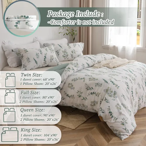 Vista 5 de Mildly - Funda de edredón tamaño individual - Juego de funda de edredón reversible floral de color verde salvia 100% algodón lavado, 2 piezas