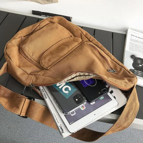 Vista 5 de Bolso cruzado de lona para mujeres y hombres, bolsa de viaje casual, senderismo, pecho pequeño, bolso de hombro al aire libre