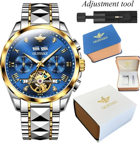 Vista 4 de OLEVS Relojes automáticos de esqueleto mecánico para hombres, 5ATM, impermeables, de tungsteno, acero inoxidable, cuerda automática, para hombre