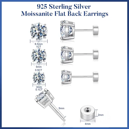 Vista 5 de Moissanite Flat Back Earrings, 0.2-2ct Lab Created Moissanite Redonda